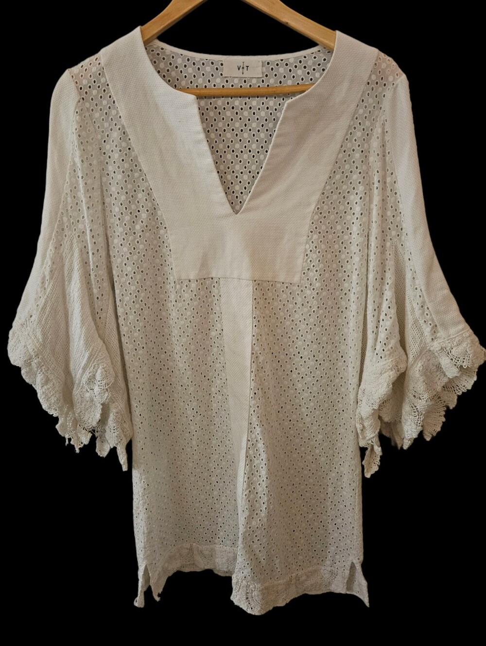 VMT Los Angeles White Eyelet Lace Tunic Dress Bell Sleeve Coverup S/M - Picture 4 of 7